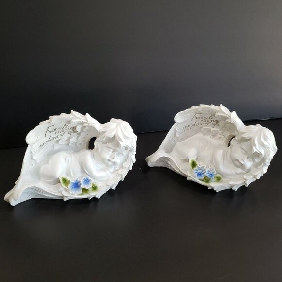Set Of 2 White Sleeping Angel Cherub Figurines Wings Blue Flowers Friend Gift - Picture 2 of 9